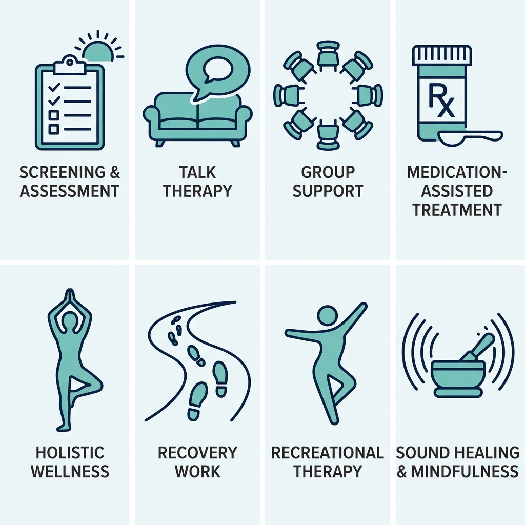 Set of 8 outline icons illustrating daily outpatient program components including check-in, therapy, group session, medication management, yoga, walking meditation, movement therapy, and sound bath in teal and navy on white background
