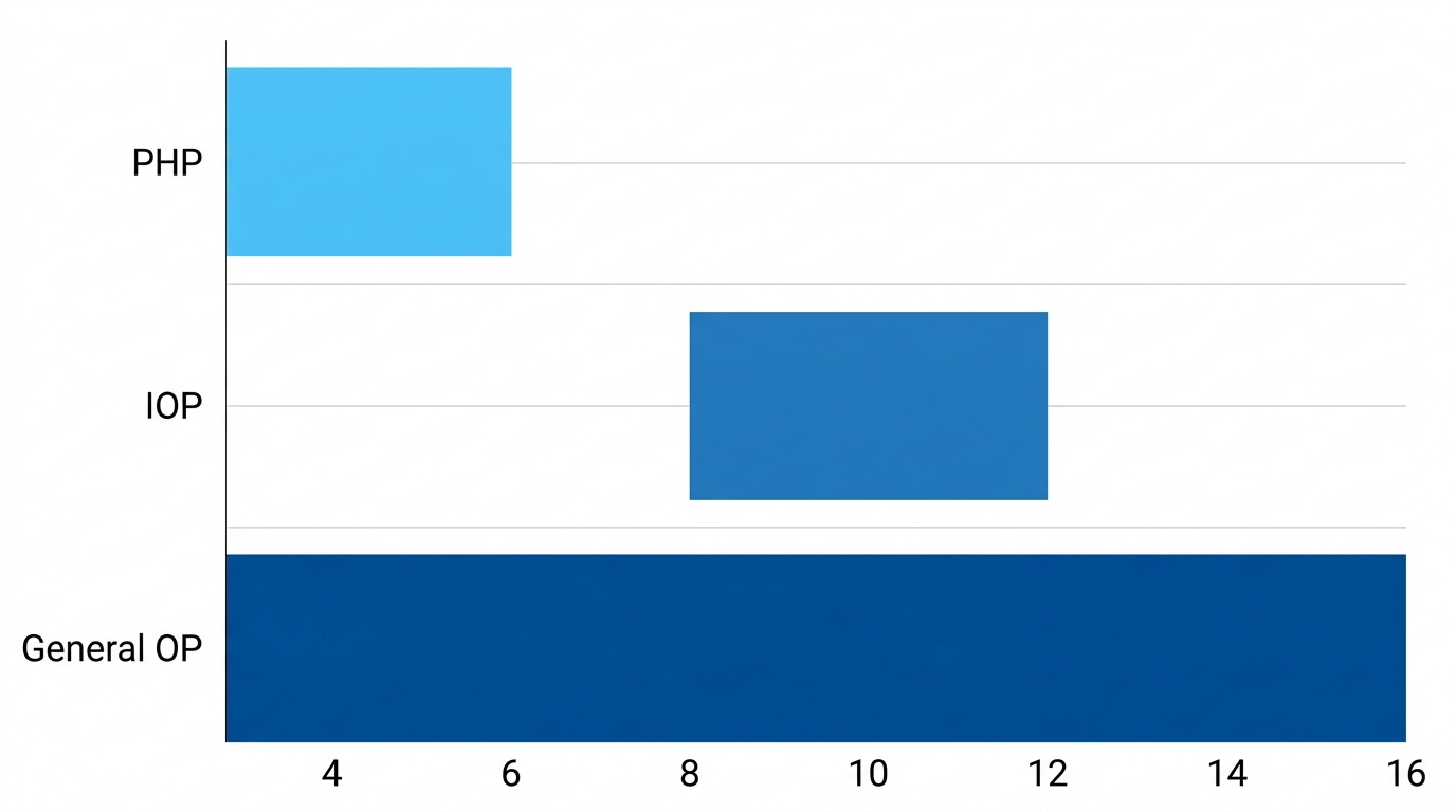 Horizontal bar chart comparing typical alcohol rehab duration for PHP, IOP, and General OP levels of care based on SAMHSA treatment standards.