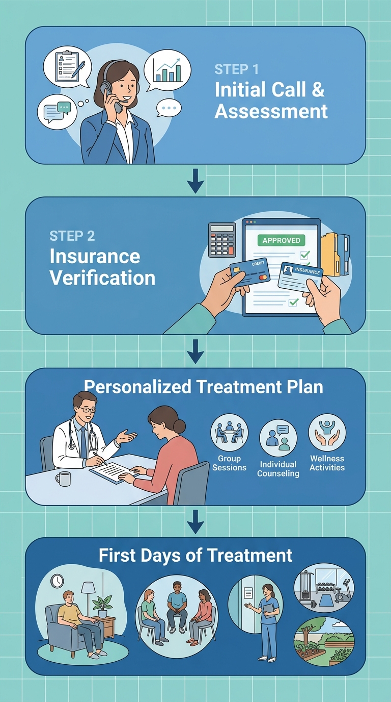 A vertical process flow diagram showing the four steps of the Rosewood Recovery addiction treatment intake process, from initial assessment to the first days of treatment, in a professional medical style.