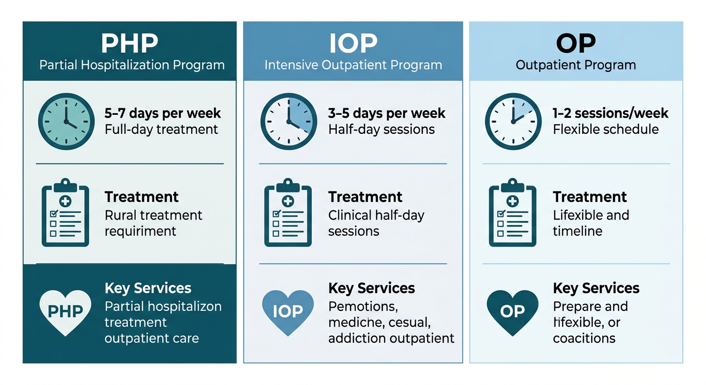Comparison infographic of three outpatient substance abuse treatment levels showing partial hospitalization, intensive outpatient, and general outpatient programs with time commitments and key service icons.