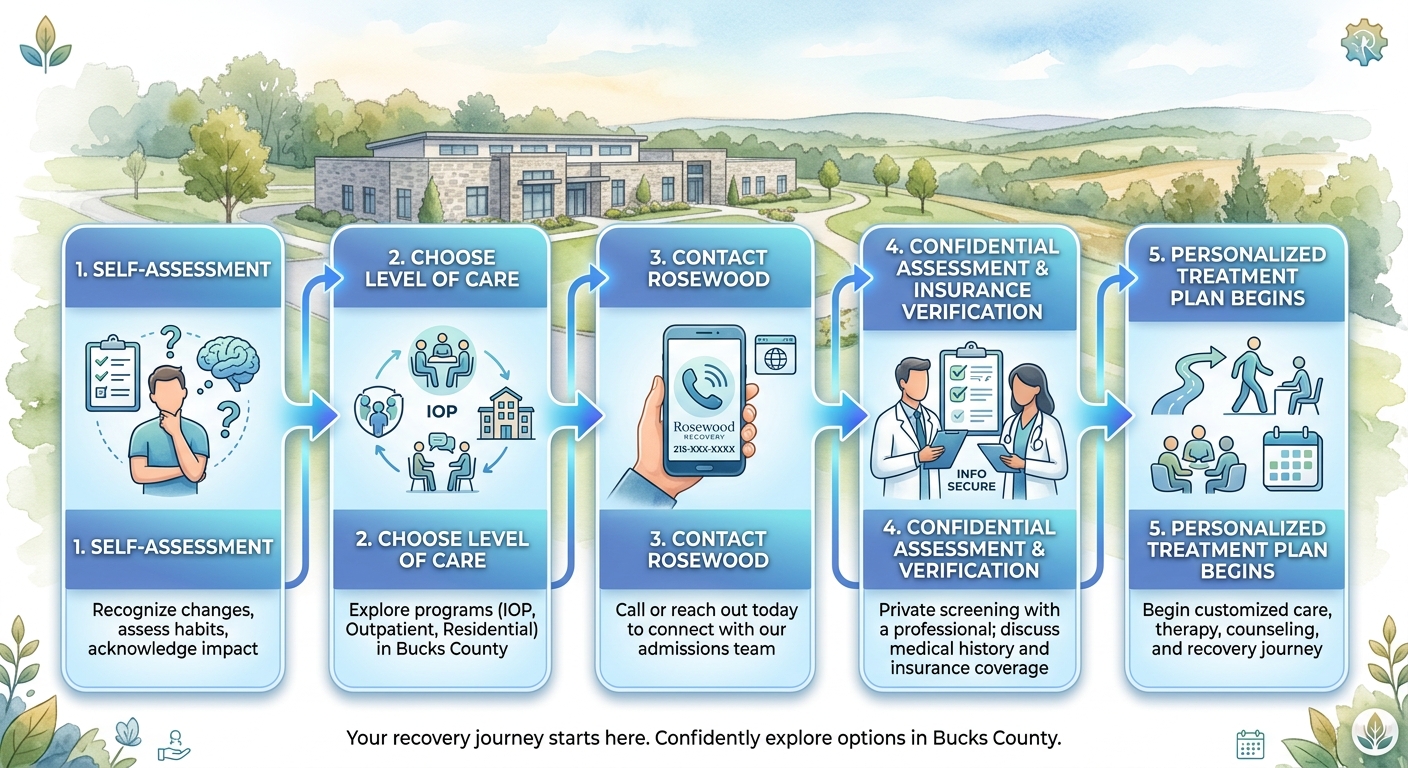 Five-step vertical process flow diagram showing the stages to begin alcohol recovery at Rosewood Recovery in Bucks County.