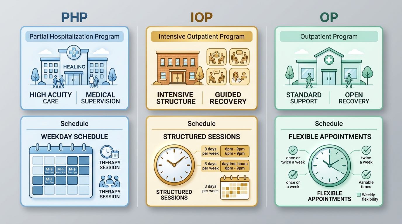 Three-column infographic comparing PHP, IOP, and OP outpatient addiction treatment programs in Bucks County using color-coded cards.