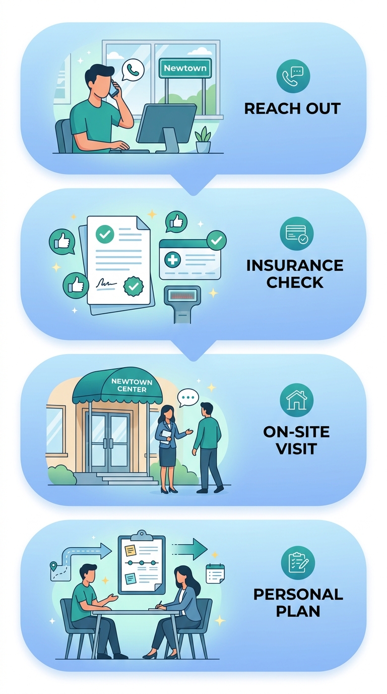 A diagram showing four sequential steps to start addiction recovery treatment, from initial contact to personalized care plan.