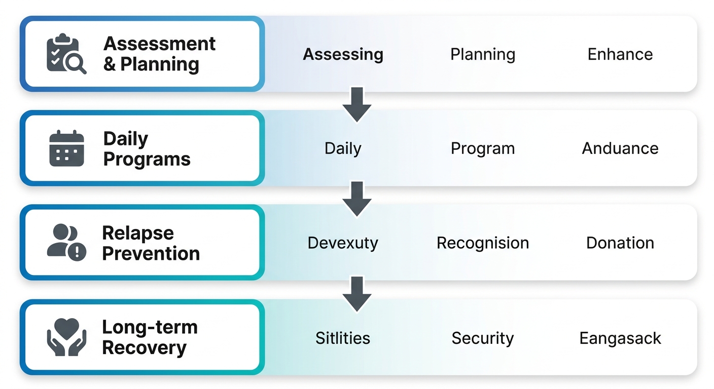 Vertical process flow diagram illustrating the four stages of addiction rehabilitation at Rosewood Recovery: Assessment and Planning, Daily Programs, Relapse Prevention, and Long-term Recovery.