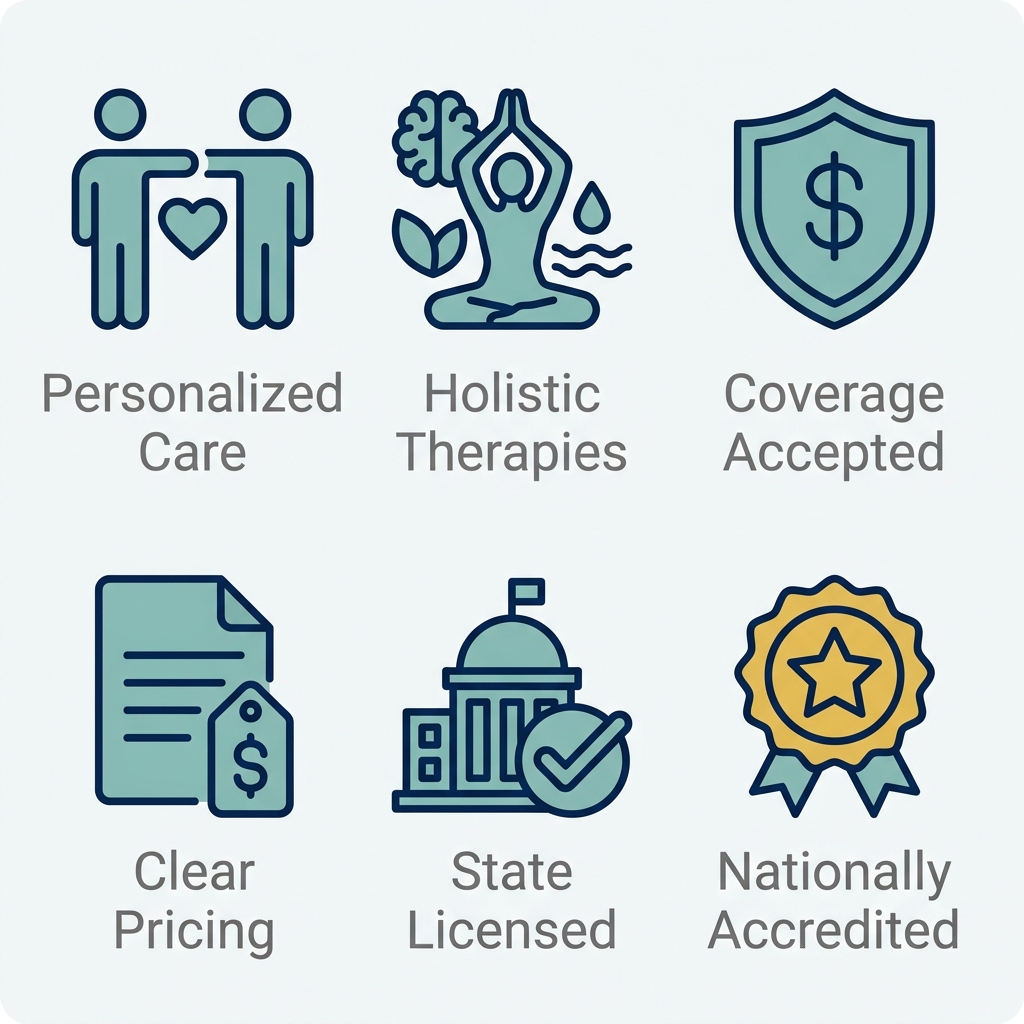 Six flat icons in a 2 by 3 grid representing personalized care, holistic therapies, insurance coverage, pricing transparency, Pennsylvania state licensing, and national accreditation on a clean white background.