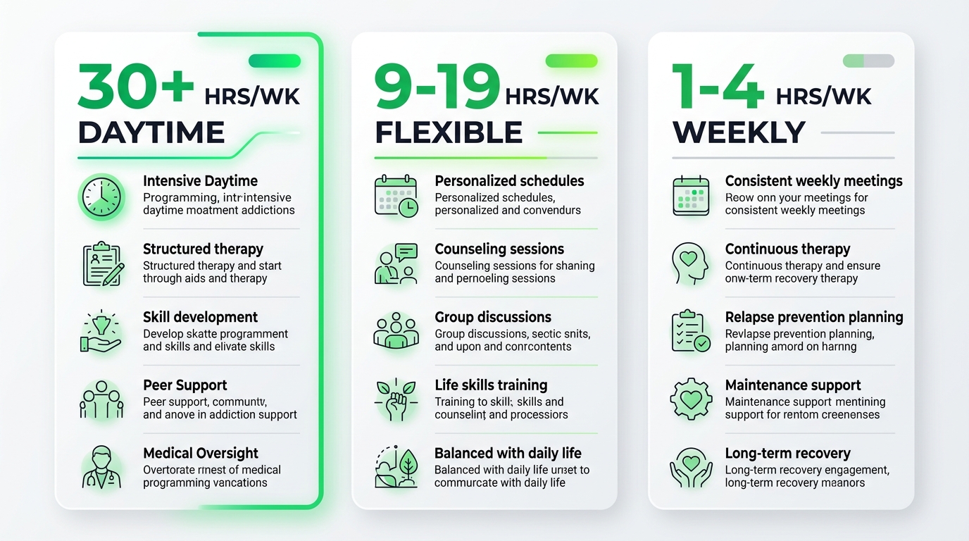 Comparison of the three outpatient levels of care available: Partial Hospitalization (PHP), Intensive Outpatient (IOP), and General Outpatient (OP).