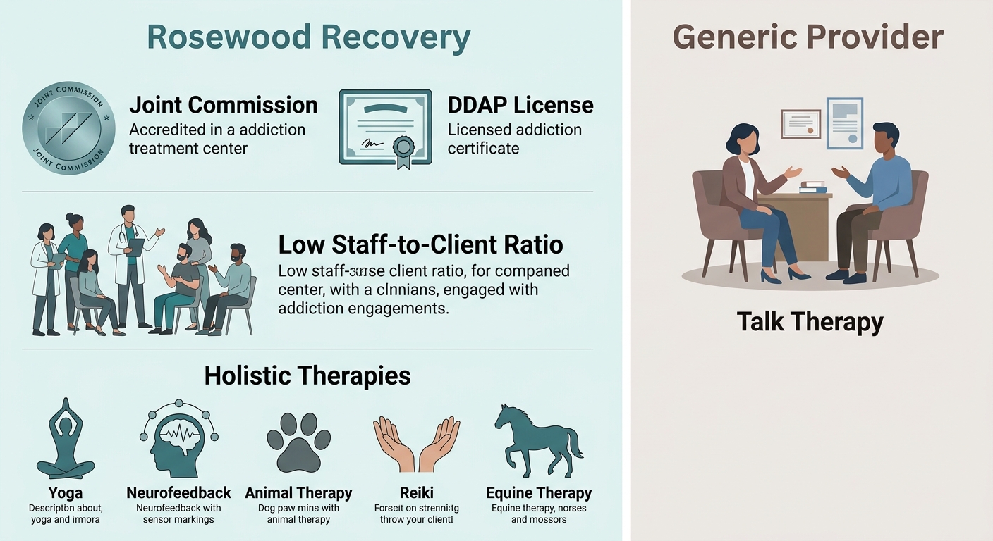 Side-by-side comparison of addiction treatment options highlighting the comprehensive services and accreditations of Rosewood Recovery versus a standard provider.