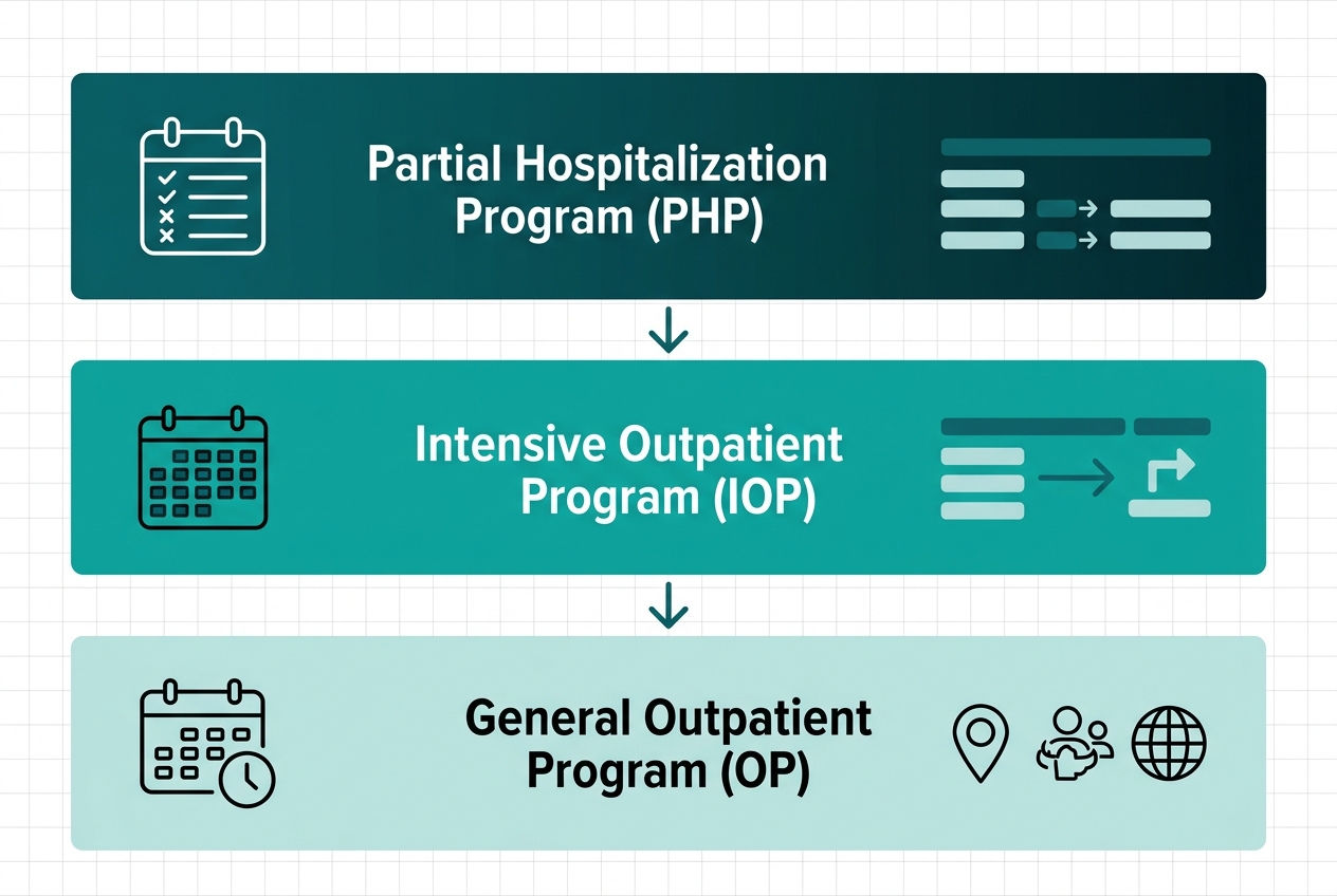 Vertical infographic showing three levels of alcohol addiction treatment: Partial Hospitalization, Intensive Outpatient, and General Outpatient, using a teal color gradient and downward arrows to illustrate step-down care.