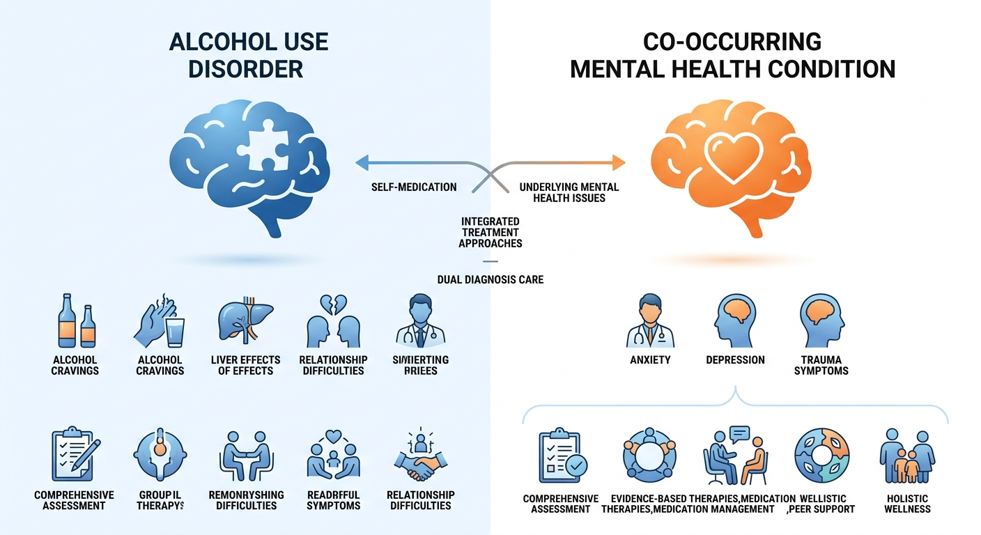 Comparison infographic of alcohol use disorder and co-occurring mental health conditions with integrated treatment approaches