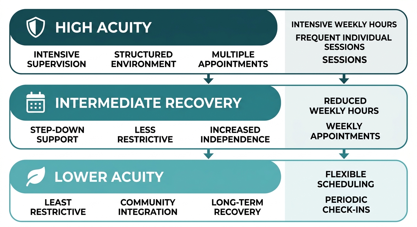Vertical process flow showing progression from PHP through IOP to Outpatient treatment levels