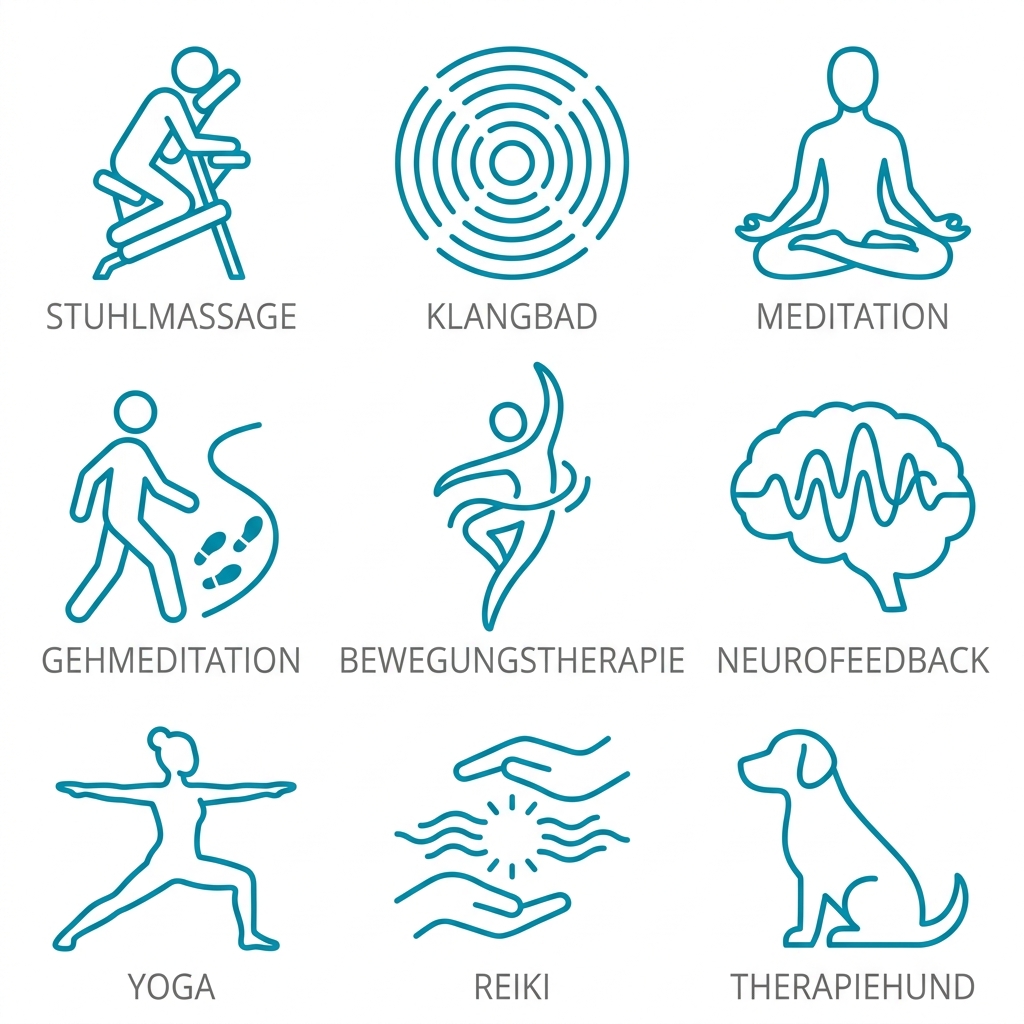 Grid of 9 icons representing holistic therapies available at Rosewood Recovery: chair massage, sound bath, meditation, walking meditation, movement therapy, neurofeedback, yoga, reiki, and therapy dog, all in teal and gray with labels.