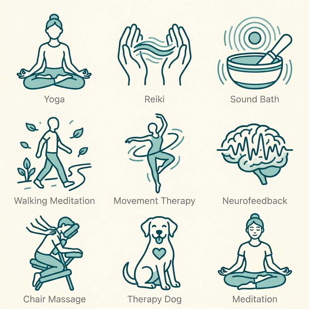 3x3 icon grid illustrating nine holistic and somatic healing modalities for addiction treatment, in teal outline style.