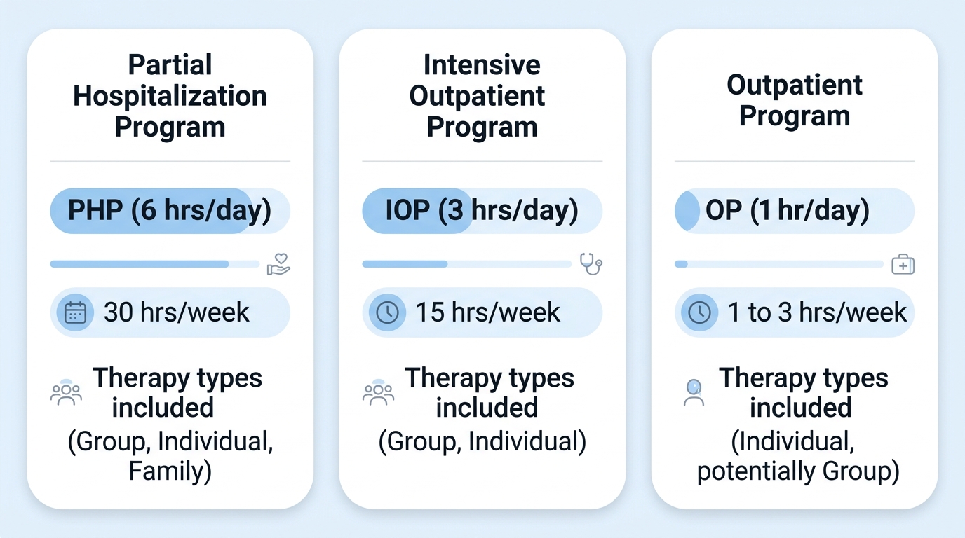 Infographic comparing three outpatient addiction treatment levels: Partial Hospitalization, Intensive Outpatient, and General Outpatient, showing weekly hours and therapy types without any title text.