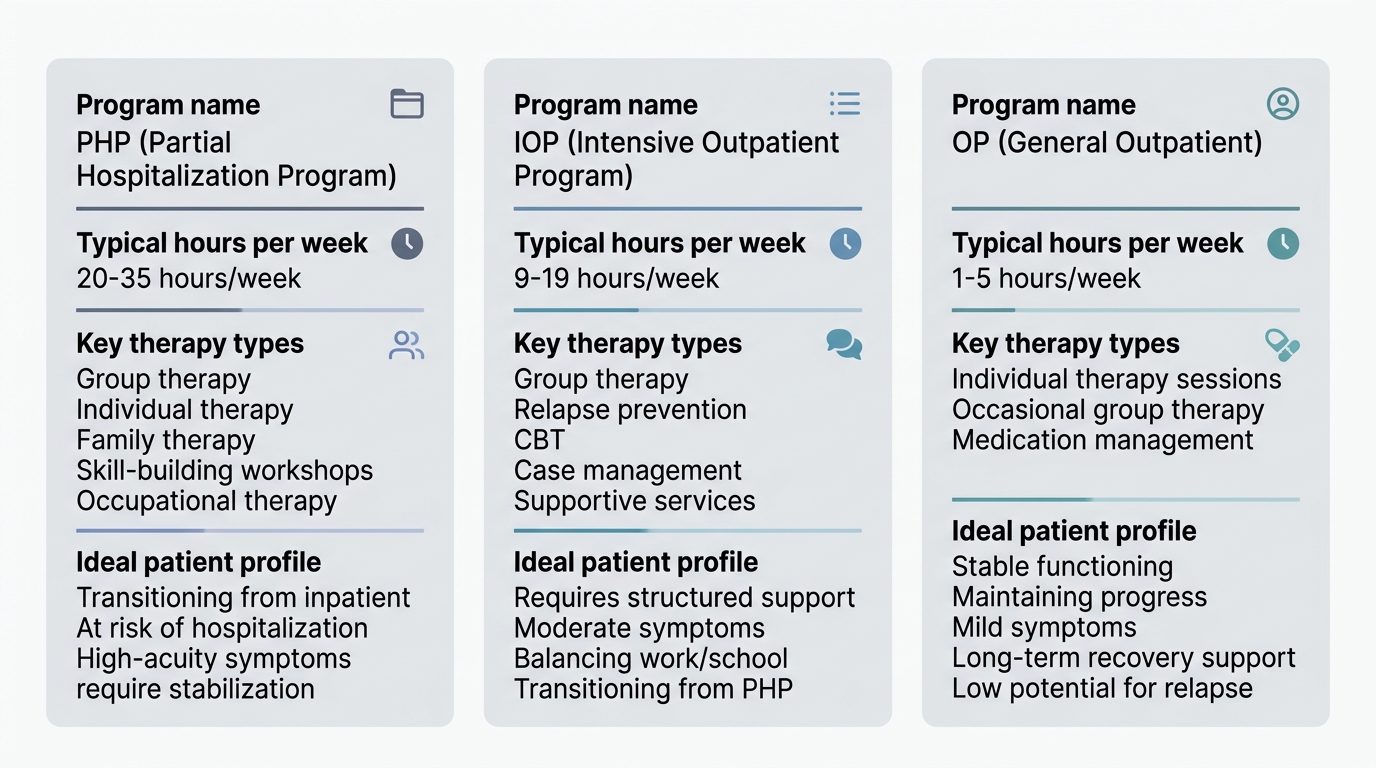 Infographic comparing PHP, IOP, and OP levels of addiction treatment care, detailing hours, therapies, and patient profiles.
