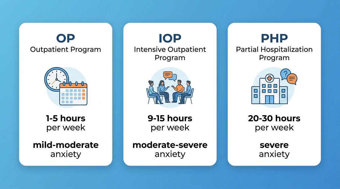 Comparison of three anxiety treatment program levels showing time commitments and severity levels
