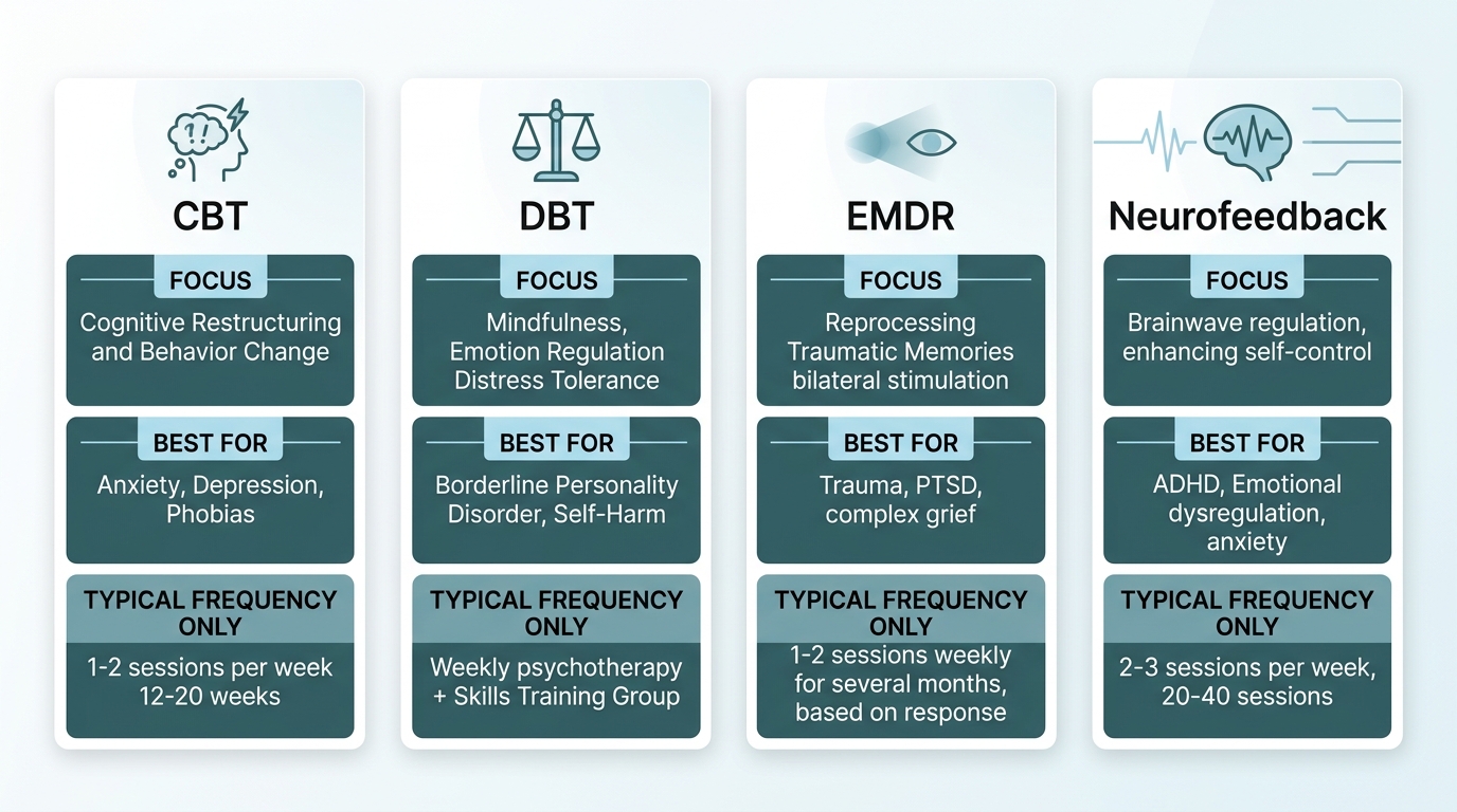 Comparison chart of four evidence-based therapy modalities: CBT, DBT, EMDR, and Neurofeedback, showing their focus, best applications, and typical frequency in a clean, professional layout.