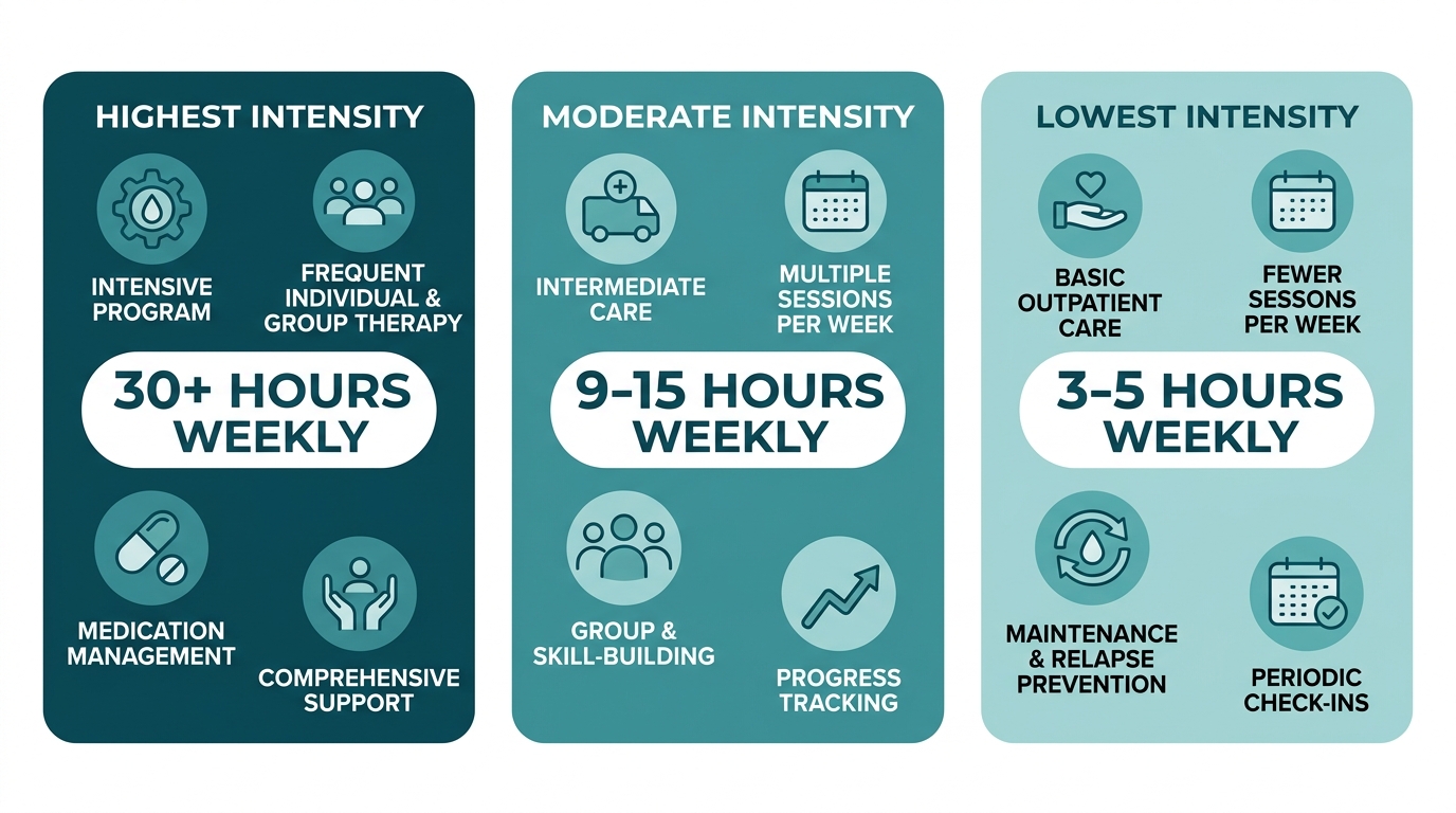 Infographic comparing three outpatient depression care levels: Partial Hospitalization, Intensive Outpatient, and General Outpatient, with weekly time commitments shown in a teal intensity gradient.