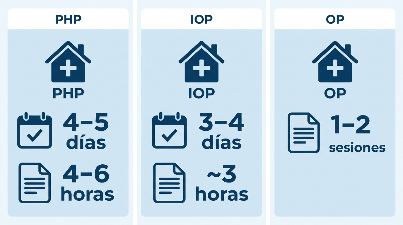 Infografía que compara los niveles de programas ambulatorios para depresión: PHP, IOP y OP en Levittown.