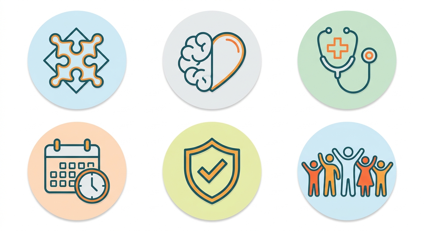 Icon set representing integrated dual diagnosis care and recovery support services.