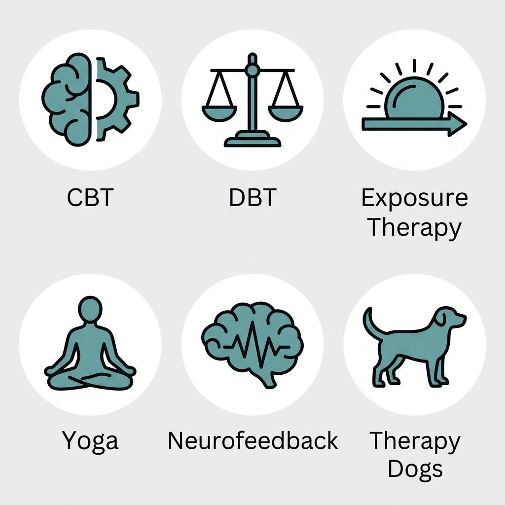 A clean icon set grid showing six therapy options for anxiety treatment: CBT, DBT, exposure therapy, yoga, neurofeedback, and therapy dogs. Icons are a soft teal on white backgrounds with simple labels.