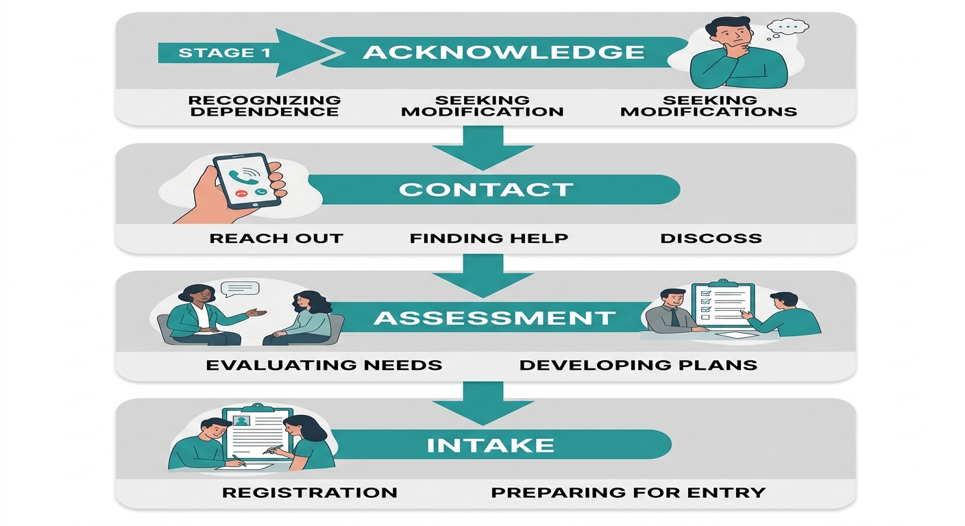 Four-step vertical process flow showing stages of beginning addiction treatment: Acknowledge, Contact, Assessment, Intake.