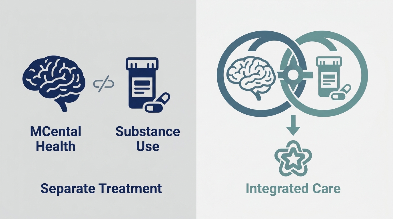 Infographic comparing separate mental health and substance use treatment with integrated dual diagnosis therapy, showing disconnected icons on the left and intertwined icons on the right representing whole-person recovery.