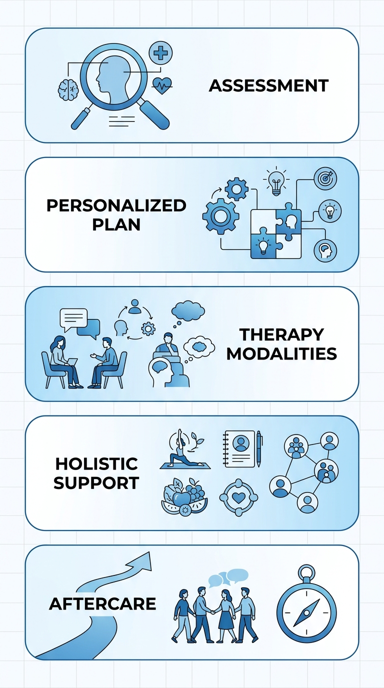 Five-step vertical process flow for integrated dual diagnosis treatment at Rosewood Recovery, featuring Assessment, Personalized Plan, Therapy Modalities, Holistic Support, and Aftercare stages with medical and wellness icons.