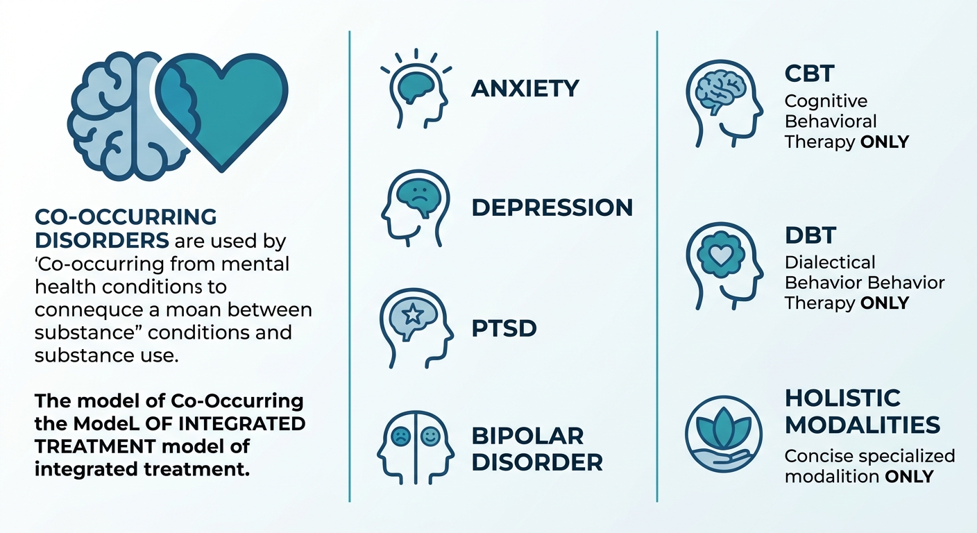 Infographic showing three columns on co-occurring disorders, common mental health conditions, and evidence-based therapies in a professional blue and teal color scheme.