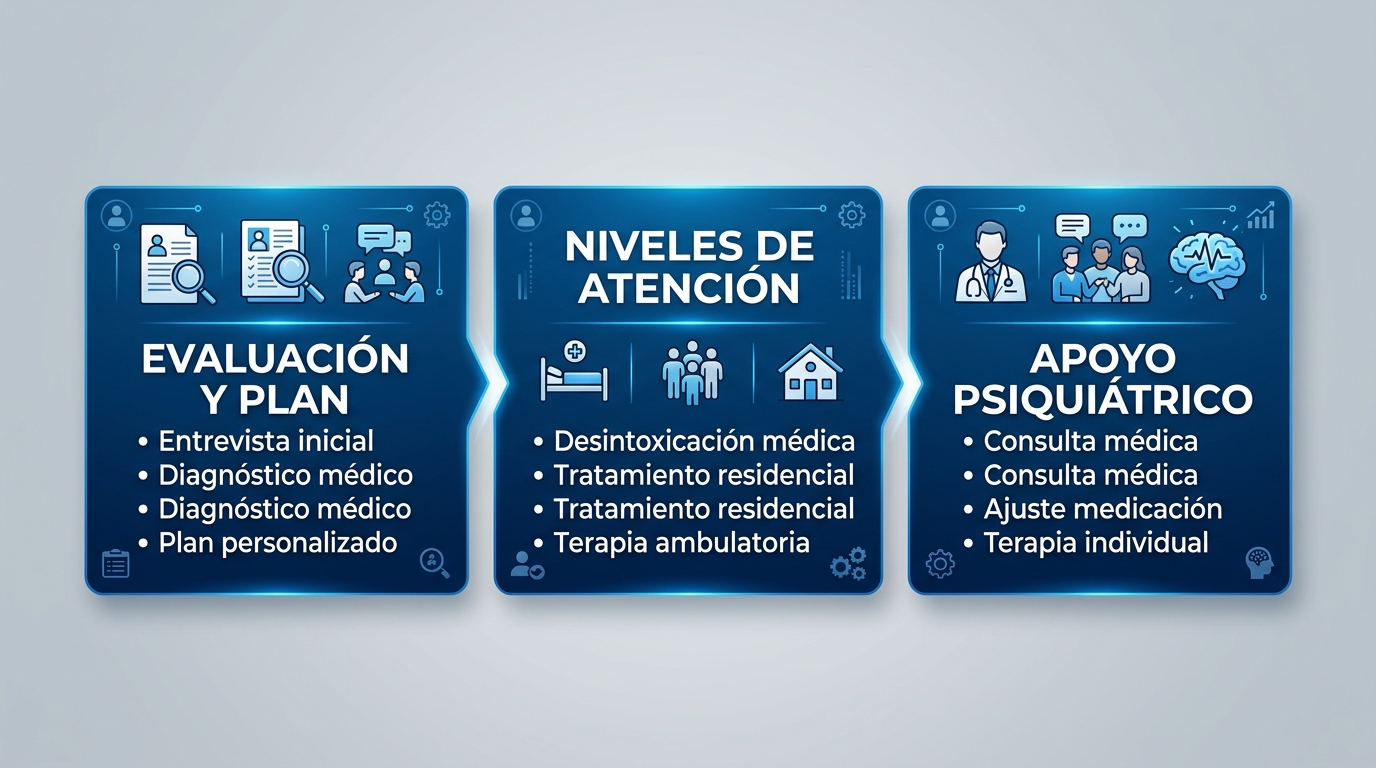 Diagrama de flujo de tres etapas mostrando la experiencia del paciente: evaluación y plan, niveles de atención y apoyo psiquiátrico.
