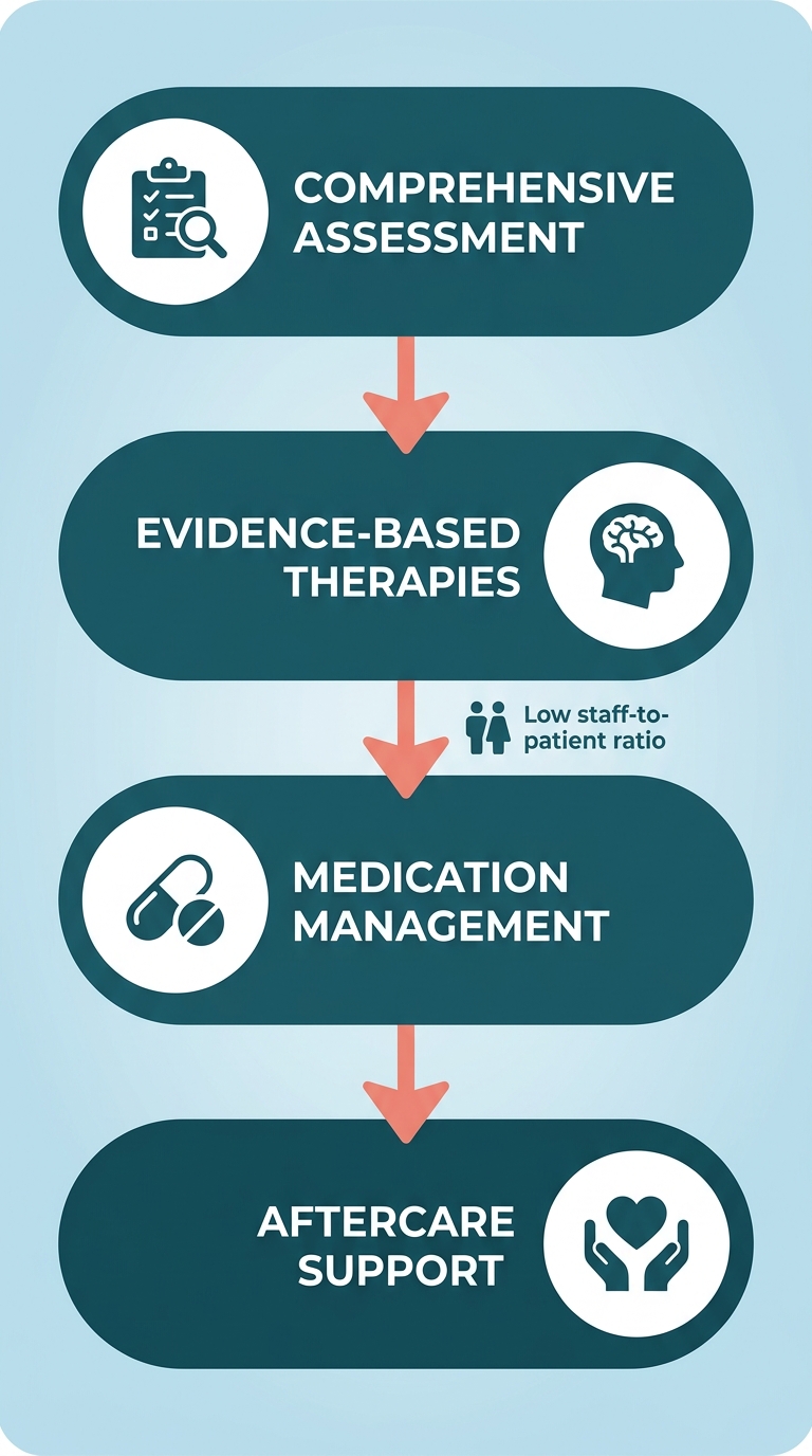 Process flow diagram showing four stages of addiction treatment at Rosewood Recovery