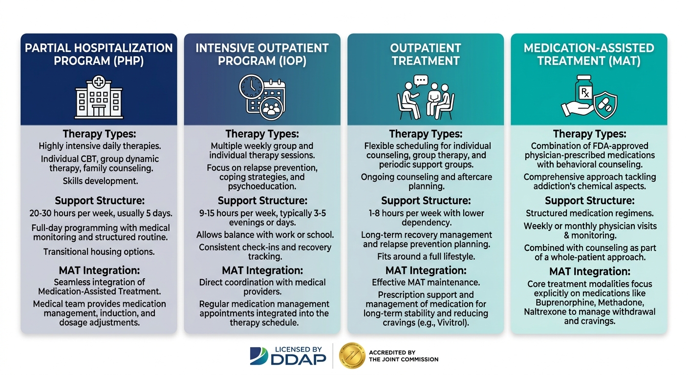 Infographic showing four levels of opioid addiction treatment programs: Partial Hospitalization, Intensive Outpatient, Outpatient, and Medication-Assisted Treatment, with color-coded columns and feature lists.