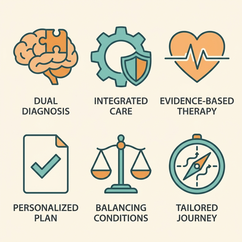 A clean, professional flat icon grid for anxiety treatment and co-occurring conditions.