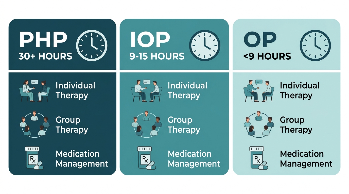 Infographic comparing PHP, IOP, and OP addiction treatment levels of care at Rosewood Recovery in Newtown, Pennsylvania, detailing weekly hours and core therapeutic components.