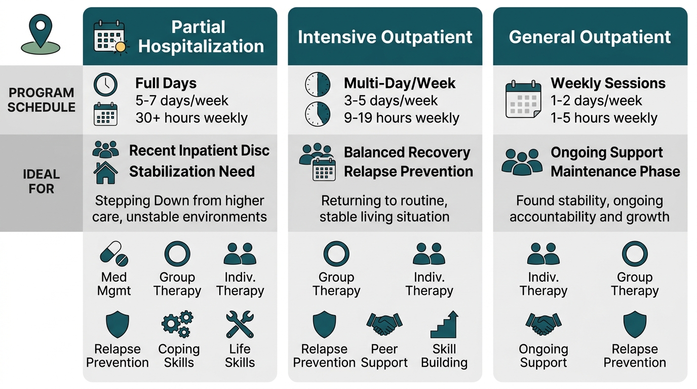 Comparison infographic of Rosewood Recovery's three outpatient programs: PHP, IOP, and general outpatient, showing weekly schedules and therapies offered.