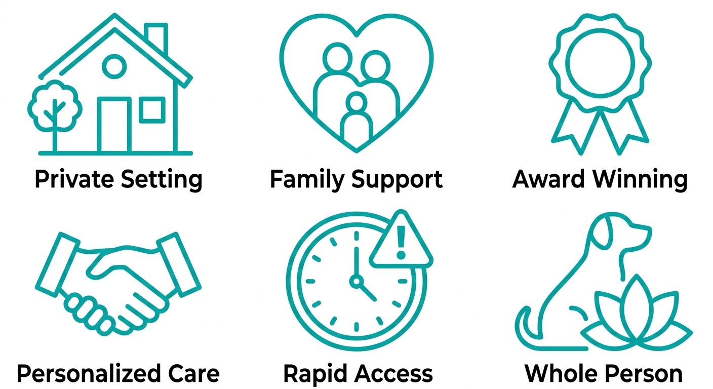 Six outlined teal icons for addiction treatment services: house with tree, family in heart, ribbon badge, handshake, emergency clock, and dog with yoga lotus, each with a short label.