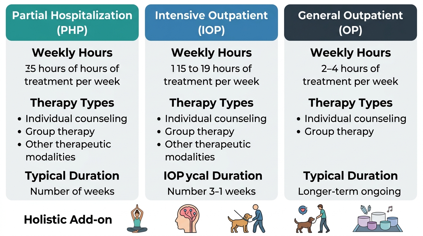 Infographic comparing three outpatient levels--Partial Hospitalization Program, Intensive Outpatient Program, and General Outpatient Program--with weekly hours, therapy types, and holistic add-ons.