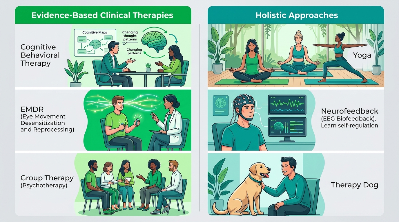 Side-by-side comparison infographic showing clinical therapies and holistic approaches for substance use disorder recovery at Rosewood Recovery in Newtown, Pennsylvania.