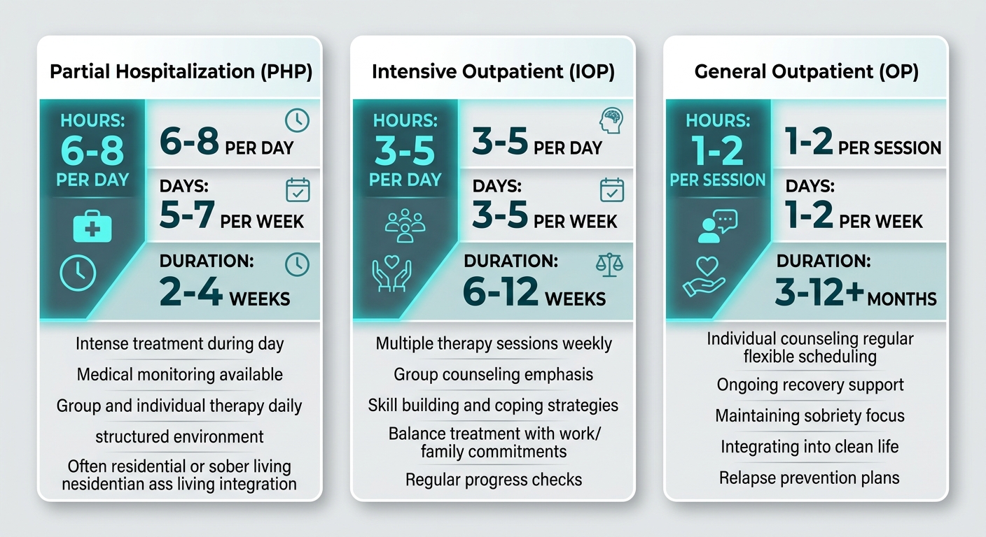 Infographic comparing partial hospitalization, intensive outpatient, and general outpatient alcohol rehab programs in Bucks County.