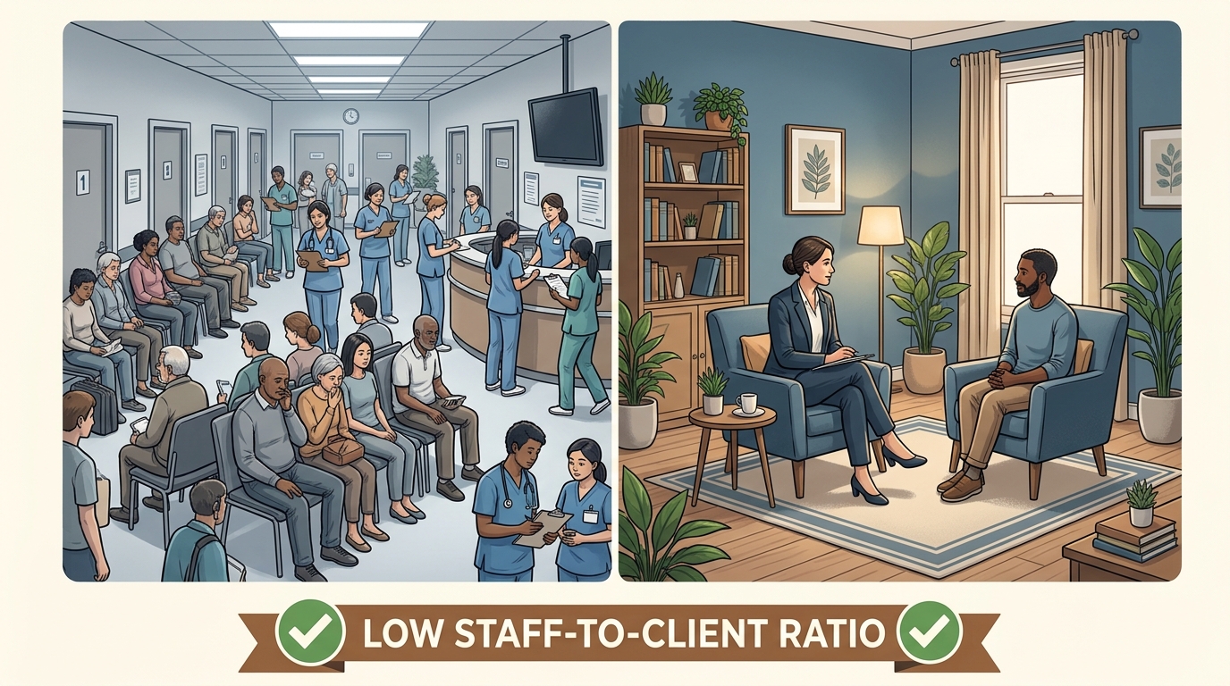Side-by-side infographic contrasting a crowded cold treatment model with an intimate personalized care model emphasizing low staff-to-client ratio