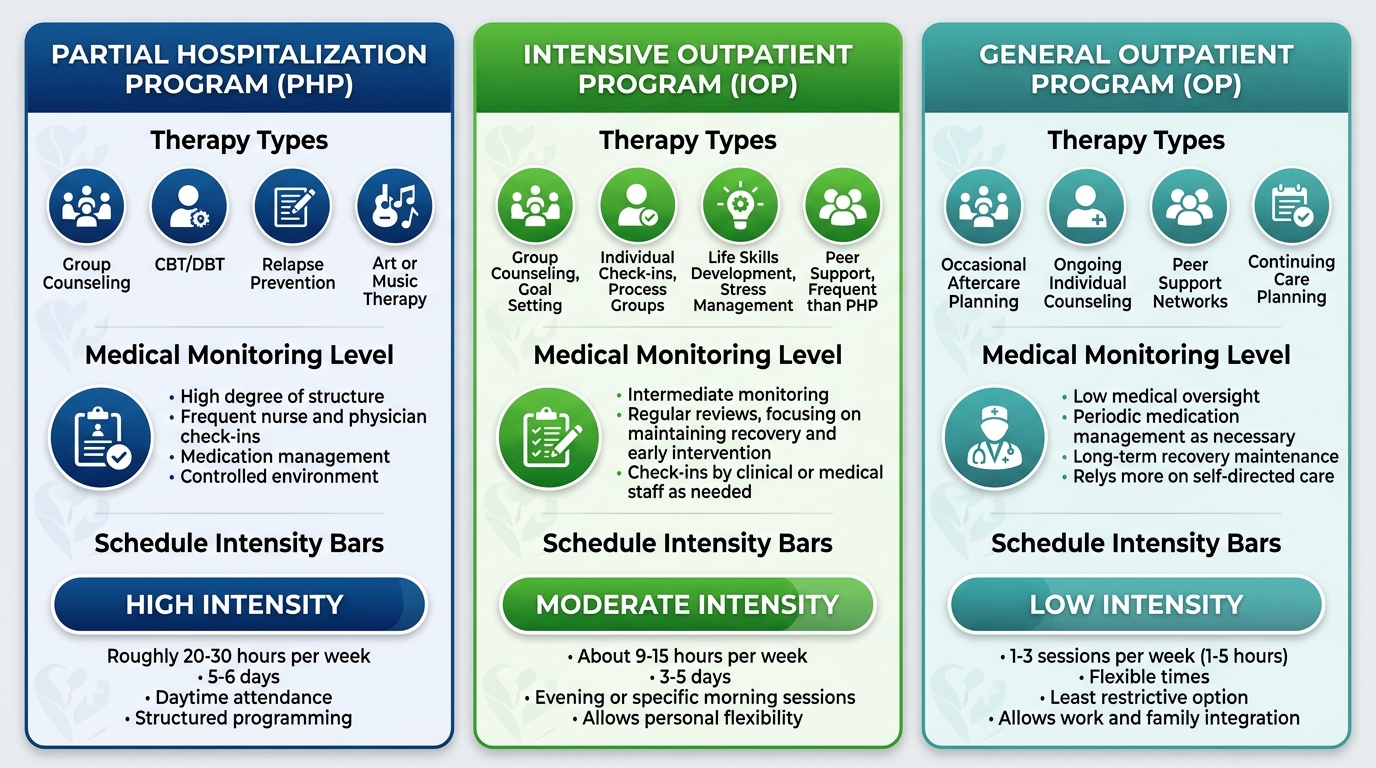 Side-by-side comparison of three outpatient care levels: Partial Hospitalization Program, Intensive Outpatient Program, and General Outpatient Program, with visual indicators for therapy types, medical monitoring, and schedule intensity.