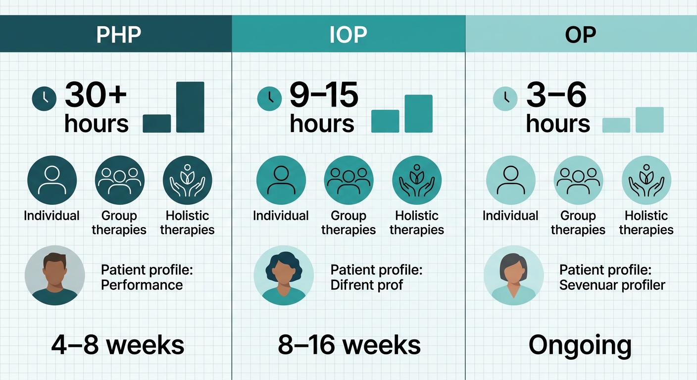 Infographic comparing three outpatient addiction treatment program levels: PHP, IOP, and OP, detailing weekly hours, therapy types, and duration.