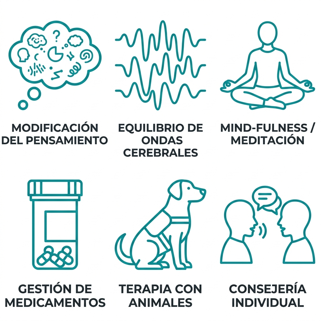 Conjunto de seis íconos de contorno de color verde azulado que representan terapias clave para el tratamiento de adicciones, incluyendo TCC, neurorretroalimentación, meditación, manejo de medicamentos, terapia con animales y terapia grupal, sin texto de título