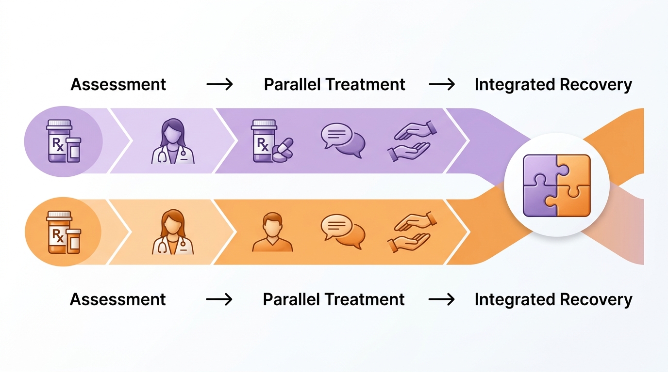 Horizontal process flow showing three stages of integrated dual diagnosis care: from assessment through parallel medication and therapy tracks to unified recovery, with color-coded purple and orange paths merging together.