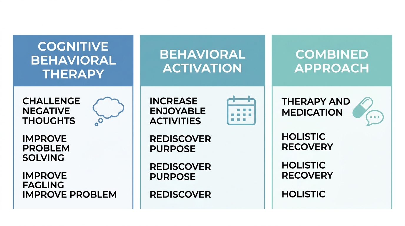 Clean infographic visualizing cognitive behavioral therapy, behavioral activation, and a combined medication and therapy approach, using calming blues and teals on a white background.