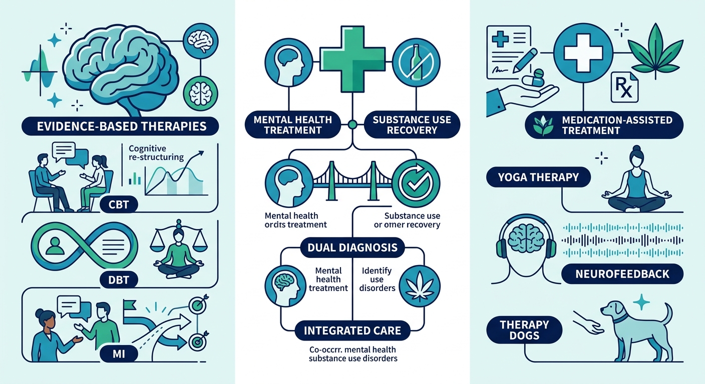 Professional infographic illustrating the three foundations of addiction counseling: evidence-based therapies, integrated mental health and substance use treatment, and combined medication-assisted and holistic care.