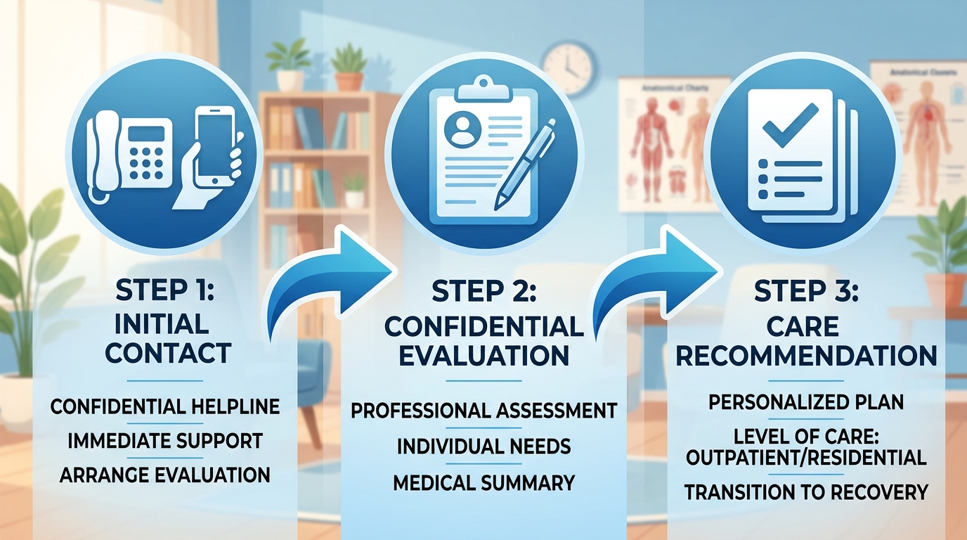 3-step addiction treatment scheduling process at Rosewood Recovery: contact, evaluation, recommendation.