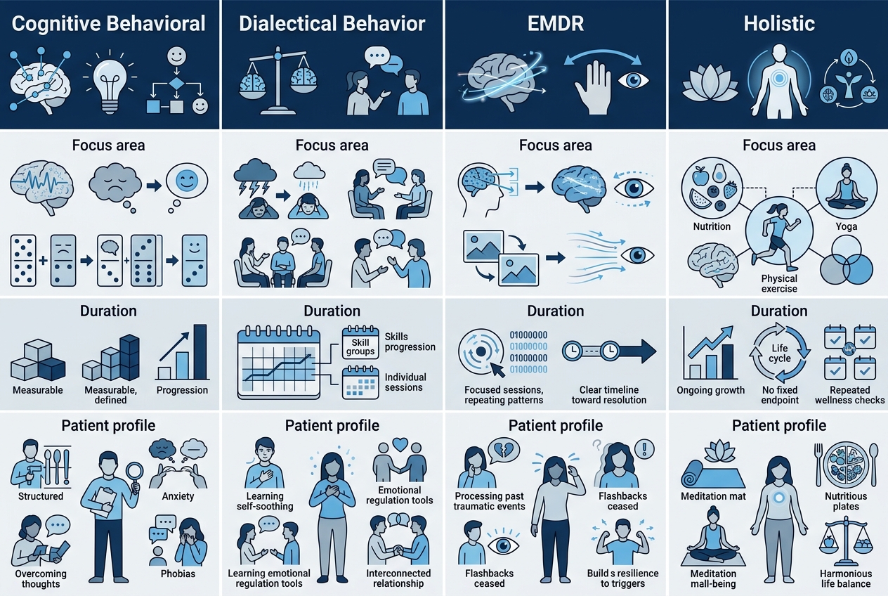 Comparison infographic of evidence-based depression therapy options including CBT, DBT, EMDR, and holistic approaches with focus areas and patient profiles