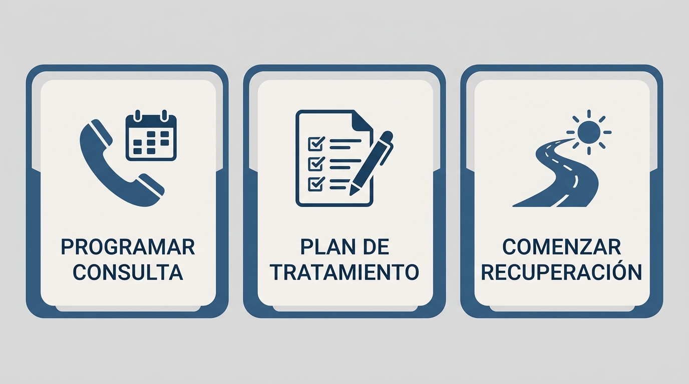 Diagrama de flujo del proceso de admisión en Rosewood Recovery con tres pasos: Programar Consulta, Plan de Tratamiento y Comenzar Recuperación