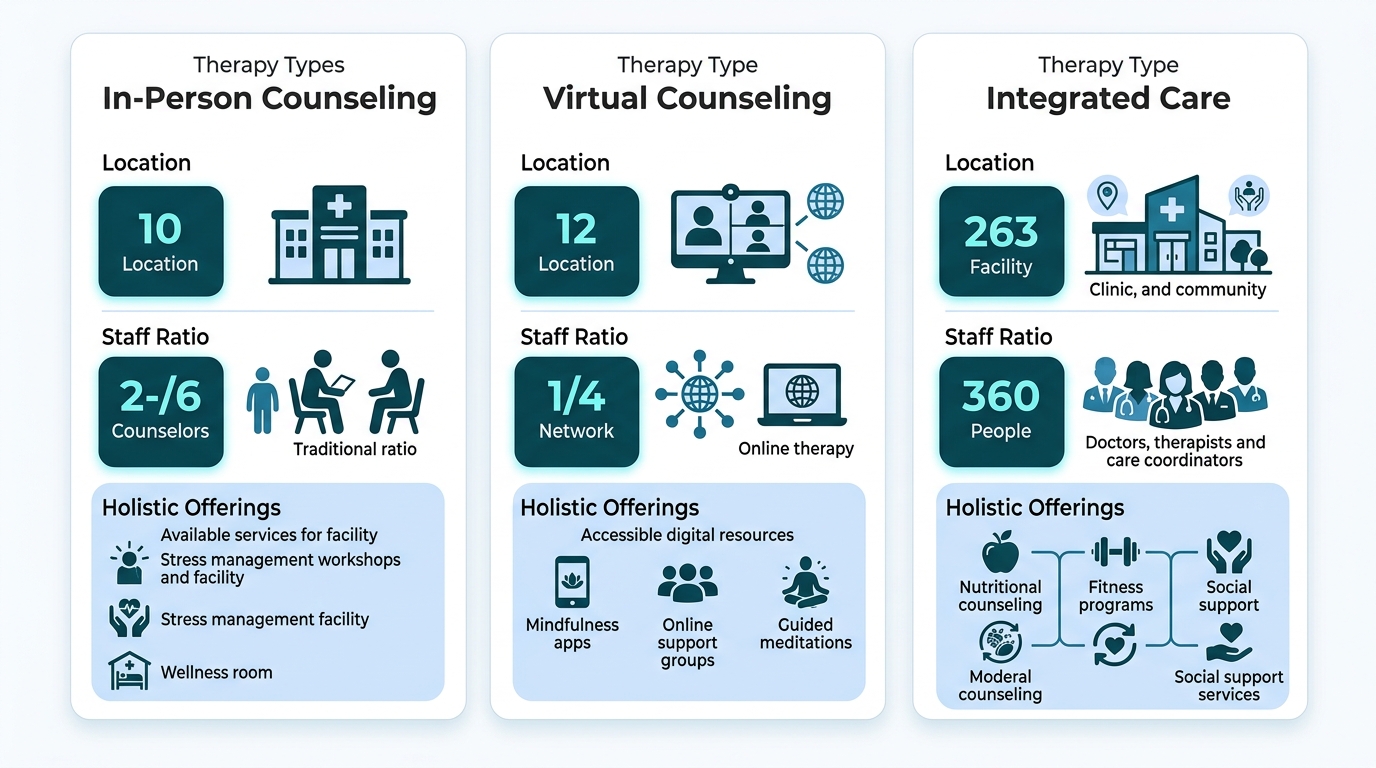 Comparison of three depression counseling options available in Newtown: In-Person Counseling, Virtual Counseling, and Integrated Care at Rosewood Recovery.