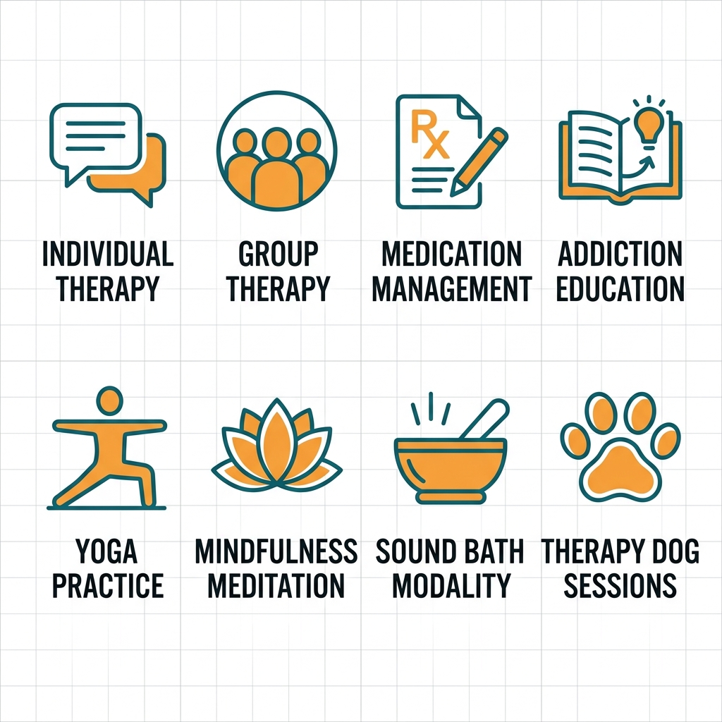 A grid of eight outline icons in teal and warm orange representing clinical therapies and holistic treatments for addiction recovery. Features individual and group therapy, medication management, addiction education, yoga, meditation, sound bath, and animal-assisted therapy.